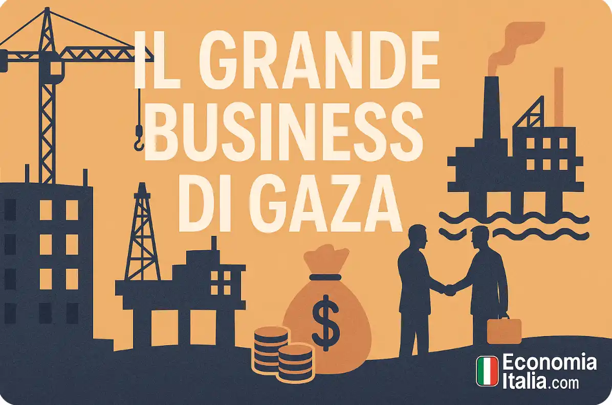 Illustrazione del Grande Business di Gaza con elementi di costruzione, energia e bandiera Italia