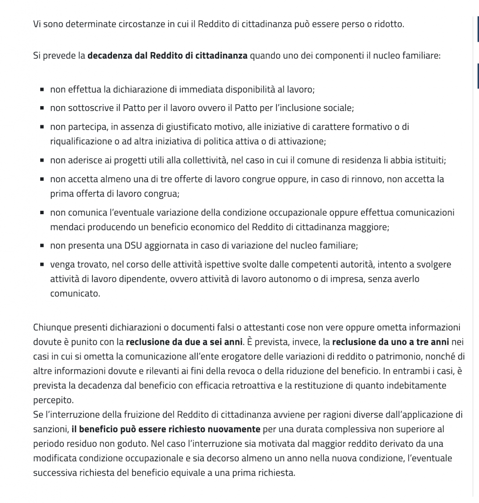 perdita o riduzione del reddito di cittadinanza