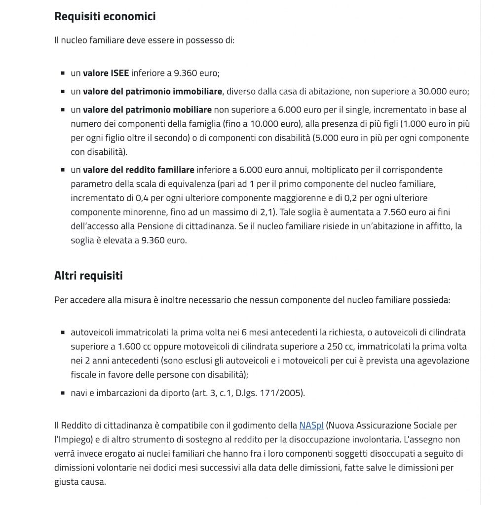 reddito cittadinanza requisiti economici 