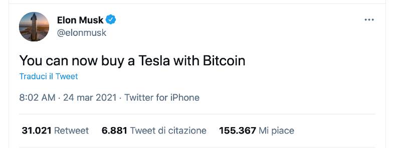 Le auto Tesla potranno essere comprate con i Bitcoin