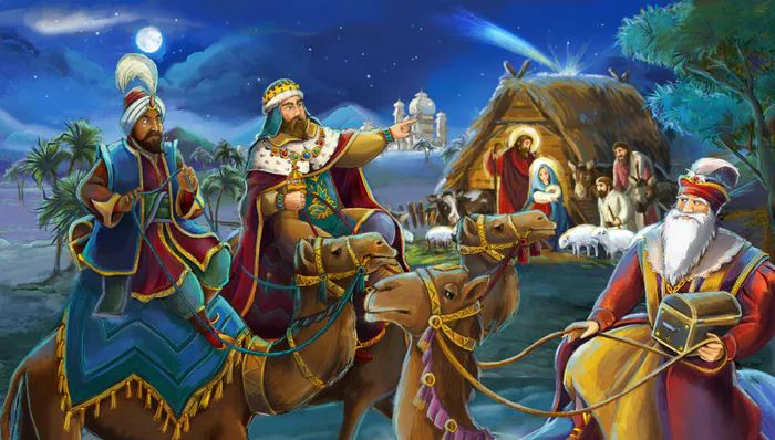 Presepe a Betlemme con Magi che portano doni tra cui l'oro