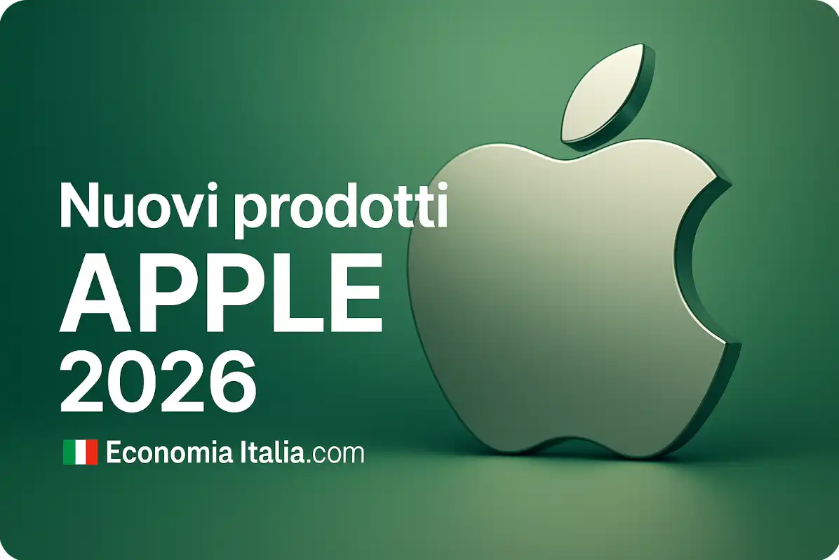 Nuovi prodotti APPLE 2026 — Hero con mela, titolo e brand Economia Italiacom